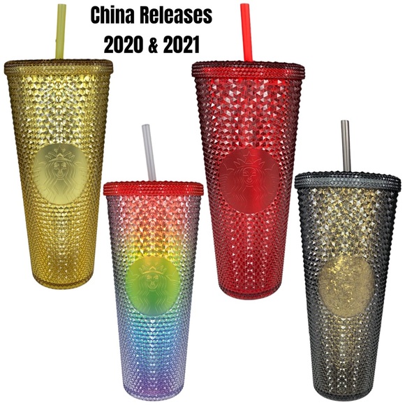 Starbucks China 2020 Studded Tumbler Set Black/Gold Glitter, Red, Gold, Rainbow - Picture 1 of 16